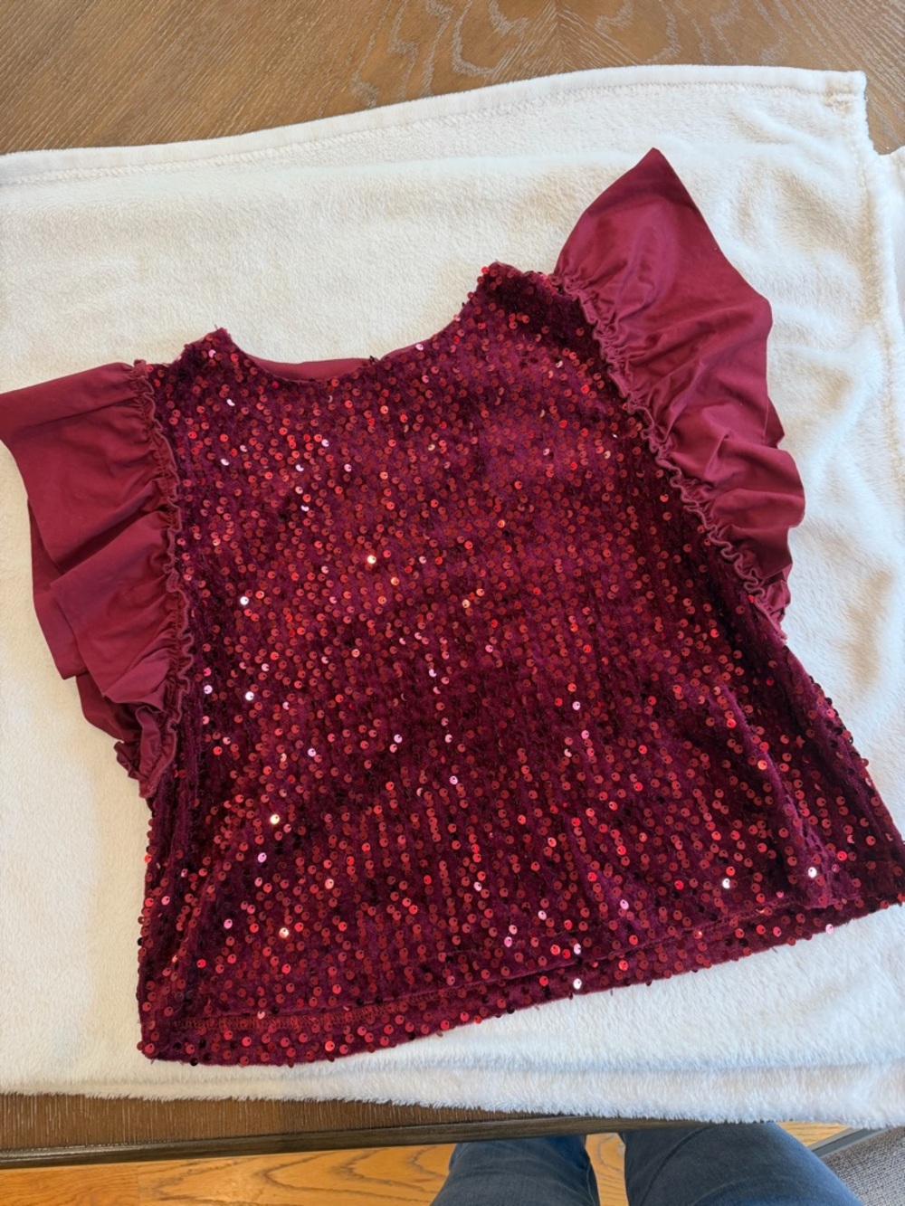 Crimson Red Sequin Ruffle Sleeve Top